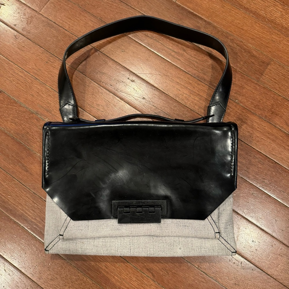 Zac Posen Grey and Patent Leather Black Shoulder Bag
